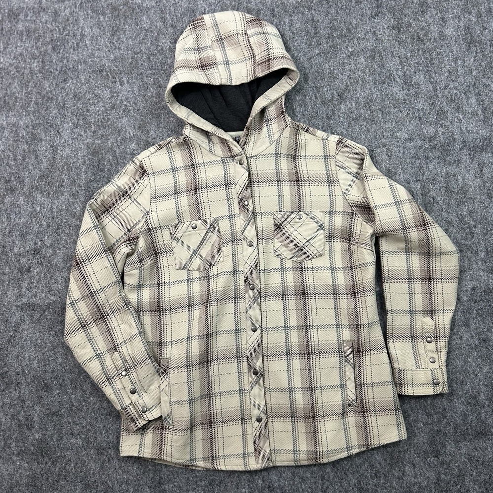 Kuhl Kleo Hoody Women's Plaid Flannel Hooded Shirt Jacket Size L Beige Blue
